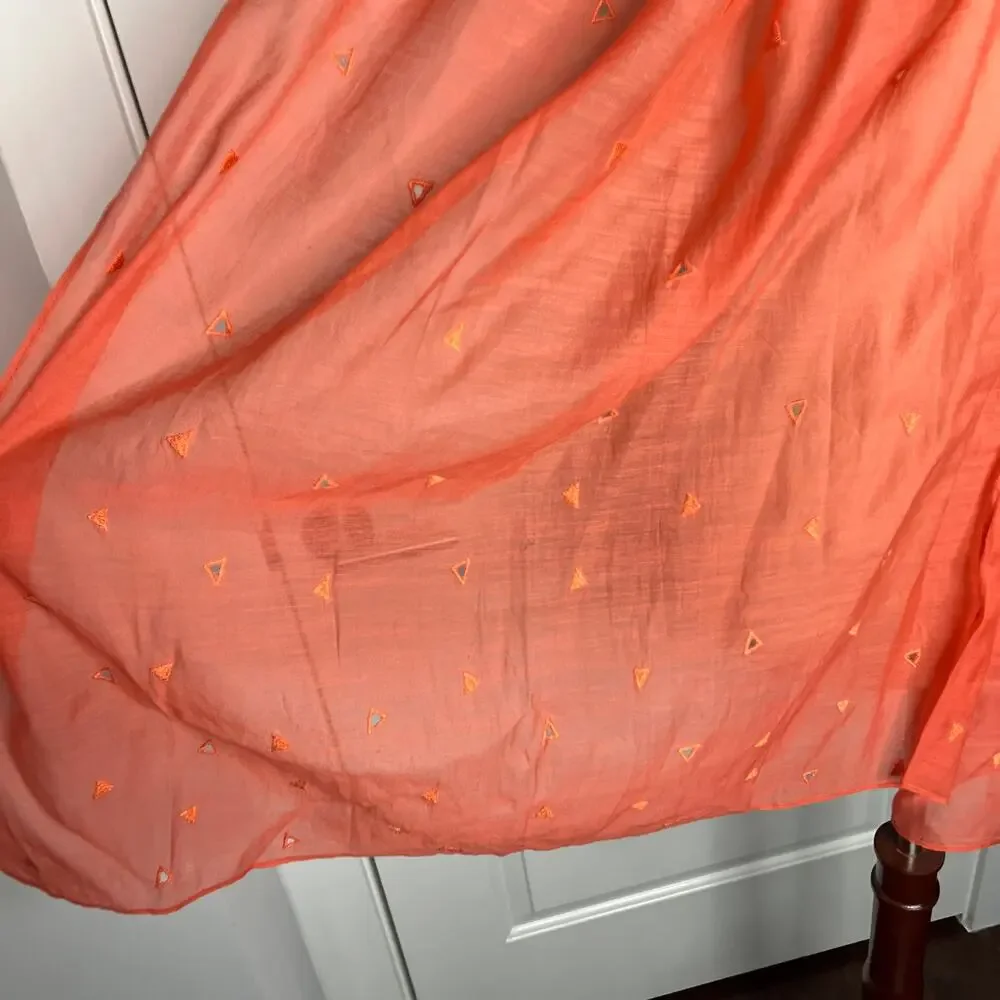 Neeru Kumar PAVO SF Silk Cotton Scarf Coral Orange 23x70 Embroidered Sheer Wrap